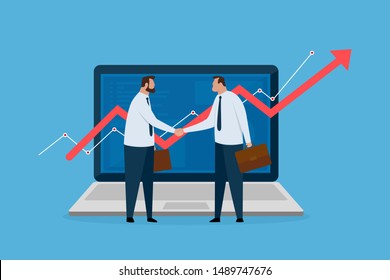 Two financial broker made deal. Laptop with growth charts. Stock market exchange concept. Vector illustration.