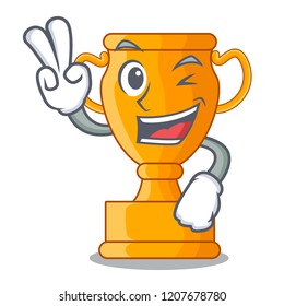 Two finger cartoon trophy cup with star on cyan