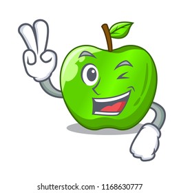 Two finger character ripe green apple with leaf