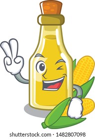Two finger corn oil put into cartoon bottle