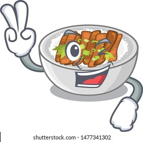 Two finger donburi is served in cartoon bowl