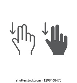 Two finger drag down line and glyph icon, gesture and hand, flick sign, vector graphics, a linear pattern on a white background.