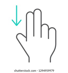 Two finger drag down thin line icon, gesture and hand, flick sign, vector graphics, a linear pattern on a white background, eps 10.