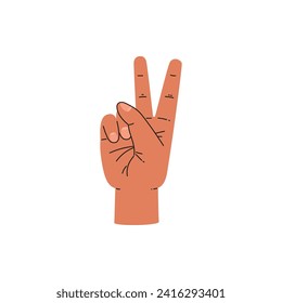 Two finger gesture, vector illustration isolated on white background. Design icon, hand showing two fingers, symbol of victory and peace, V sign. Drawn in simple flat cartoon style.