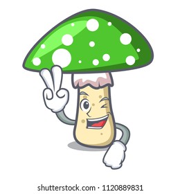Two finger green amanita mushroom character cartoon