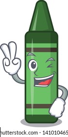 Two finger green crayon isolated in the cartoon