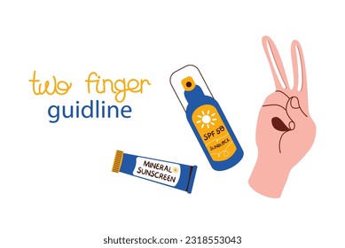 Two finger guideline for applying sunscreen to face. Hand with smears of sunblock lotion, SPF cream. Vector illustration isolated on white background