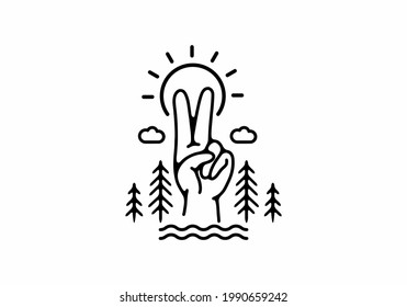 Two finger hand with sun black line art design