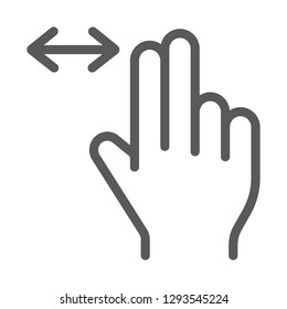 Two finger horizontal scroll line icon, gesture and hand, press sign, vector graphics, a linear pattern on a white background, eps 10.