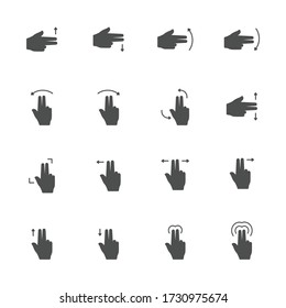 Two finger management flat icons in gray. Set of 16 pieces.