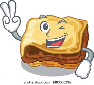 Two finger moussaka is cooked in cartoon style