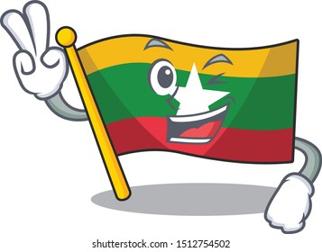 Two finger up Myanmar waving flag on pole, cartoon character