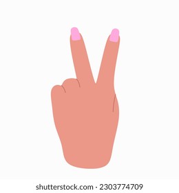 Two finger peace gesture hand. Woman's hand showing peace sign. vector illustration. Colored flat vector illustration isolated on white background.