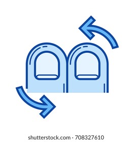 Dos dedos giran el icono de la línea vectorial aislado en el fondo blanco. Un pivote de dos dedos rota el icono de línea para infografía, sitio web o aplicación. Icono azul diseñado en un sistema de cuadrícula.