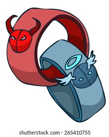 Two Finger Rings with a Devil and Angel Emblem, Vector Illustration isolated on White Background.