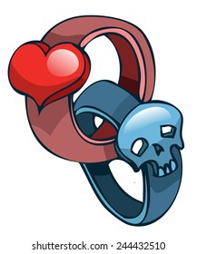 Two Finger Rings with a Heart and Skull Emblem, Vector Illustration isolated on White Background. 