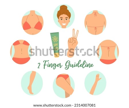 Two finger rule for sunscreen instructions. Summer skincare and protection concept. Hand with SPF cream on two fingers. How much to apply and on which parts of the body. Flat vector illustration