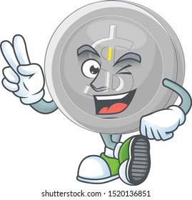 Two finger silver coin character mascot in cartoon