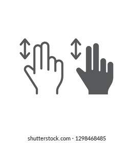Two finger vertical scroll line and glyph icon, gesture and hand, press sign, vector graphics, a linear pattern on a white background.