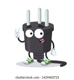 Two finger victory sign cartoon power plug type H character mascot smiling on white background