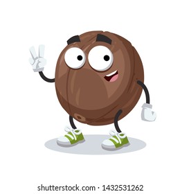 Two finger victory sign cartoon macadamia nut in shell character mascot smiling on white background