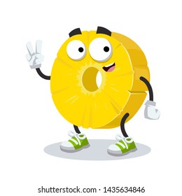 Two finger victory sign cartoon ring of canned pineapple character mascot smiling on white background