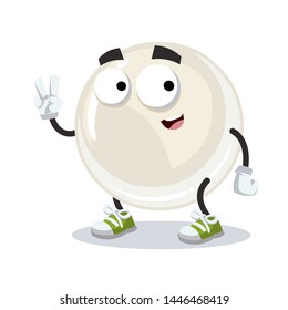 Two finger victory sign cartoon white natural oyster pearl character mascot smiling on white background