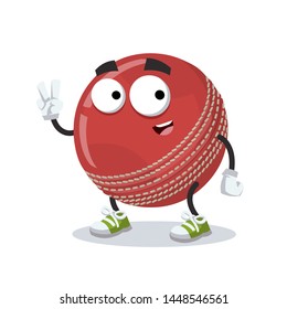 Two finger victory sign cartoon red leather cricket ball character mascot smiling on white background