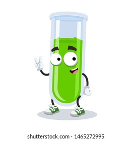 Two finger victory sign cartoon medical glass test tube character mascot smiling on white background