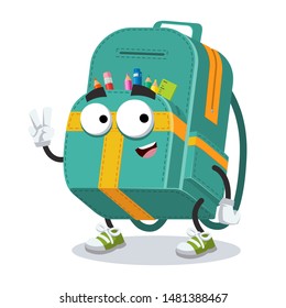 Two finger victory sign cartoon full kids school backpack character mascot smiling on white background