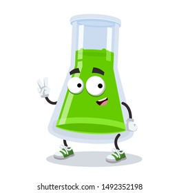 Two finger victory sign cartoon chemical conical erlenmeyer flask character mascot smiling on white background