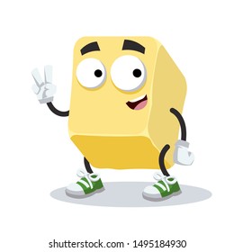 Two finger victory sign cartoon creamy butter or margarine character mascot smiling on white background