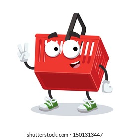 Two finger victory sign cartoon red plastic shopping basket character mascot smiling on white background