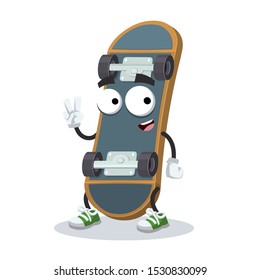 Two finger victory sign cartoon  wooden skateboard or longboard deck  character mascot smiling on white background