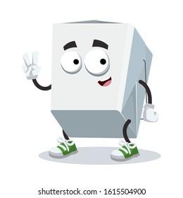 Two finger victory sign cartoon chinese food box character mascot smiling on white background