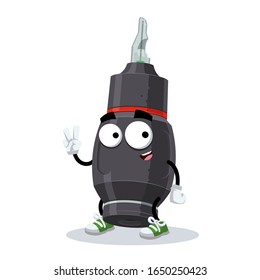Two finger victory sign cartoon rotary tattoo machine pen character mascot smiling on white background