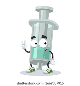 Two finger victory sign cartoon plastic medical syringe character mascot smiling on white background