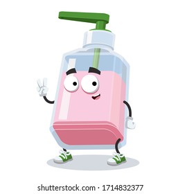 Two finger victory sign cartoon liquid soap bottle character mascot smiling on white background