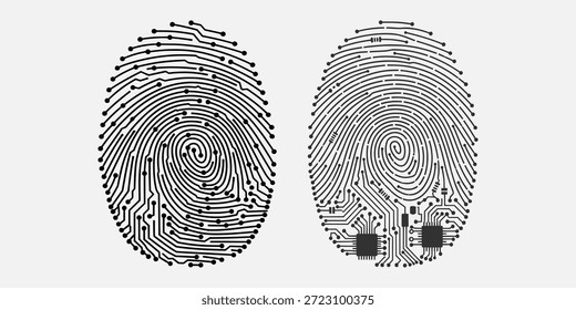 Dos Imágenes de huellas dactilares, una lisa y otra con Elementos de circuitos, que simbolizan la tecnología biométrica y la identidad digital.