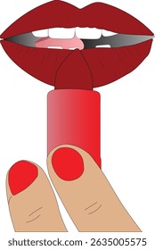 Two fingers applying red lipstick to red lips.