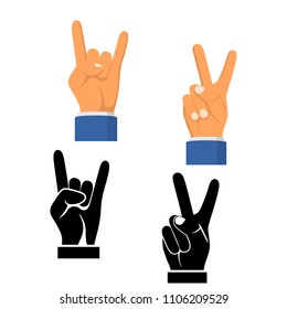 Two fingers up black icon isolated on white background. Silhouette symbol peace. Sign pictogram victory. Vector illustration flat design. Set icons gesture hand.