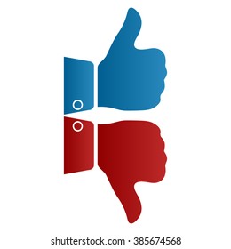 Two fingers: blue and red. Like and dislike symbols. Isolated on white. Vector illustration.