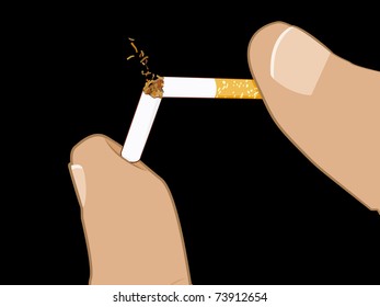 Two fingers crush a cigarette until it breaks in half.