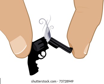Two fingers crush a handgun until it breaks in half.
