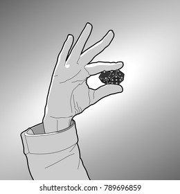 Two fingers holding two black gambling dice outlined on the grey background. Human hand and cubes with white dots. Design Concept of dice roll, tabletop or board game playing, gambling device. Vector