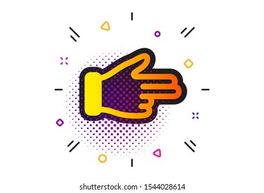 Two fingers palm sign. Halftone circles pattern. Click hand icon. Direction gesture symbol. Classic flat click hand icon. Vector