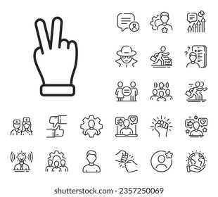 Two fingers palm sign. Specialist, doctor and job competition outline icons. Victory hand line icon. Gesture symbol. Victory hand line sign. Avatar placeholder, spy headshot icon. Vector