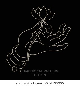 Two fingers pinching the lotus pose.beautiful hands. Avalokitesvara or bergamot. Hindu motifs. Asian minimalist line vector illustration. Tattoo, yoga, spirituality, zen, meditation, ornament.