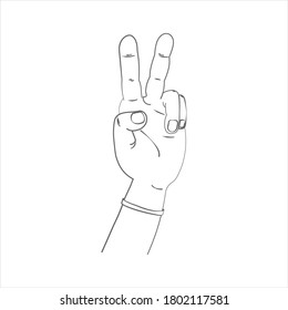 Two fingers raised up and a heart above them. Hand gesture as a symbol of victory, peace, love. Vector illustration in a flat style pastel colors.