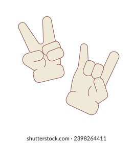 Two fingers as a sign of victory, Hippie symbols,  sign of pacific, love and peace.  Horns hand Heavy metal fingers gesture. In the style of the 60s, 70s. 